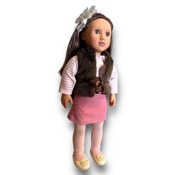 Sienna 18" Doll With Long Brown Hair Wearing Pink Skirt & Faux Fur Vest - Picture 5 of 15